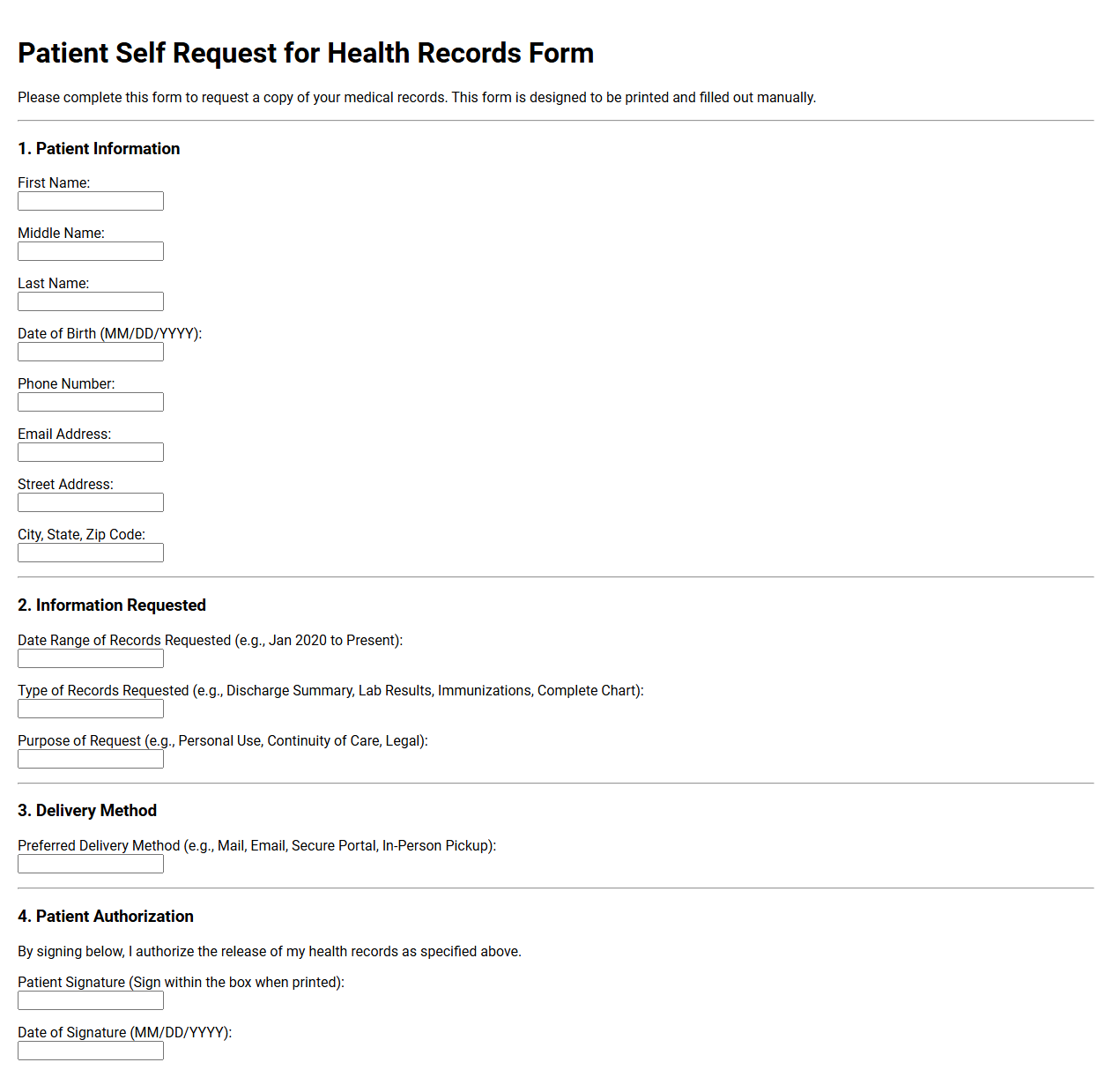 Patient Self Request for Health Records Form