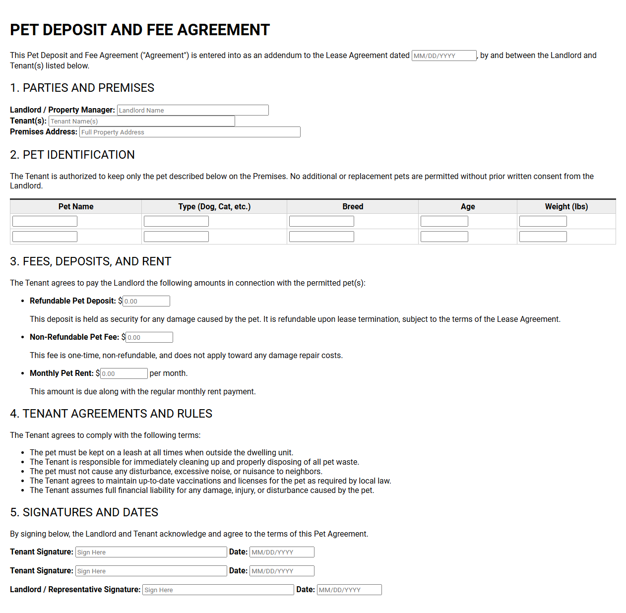 Pet Deposit and Fee Agreement