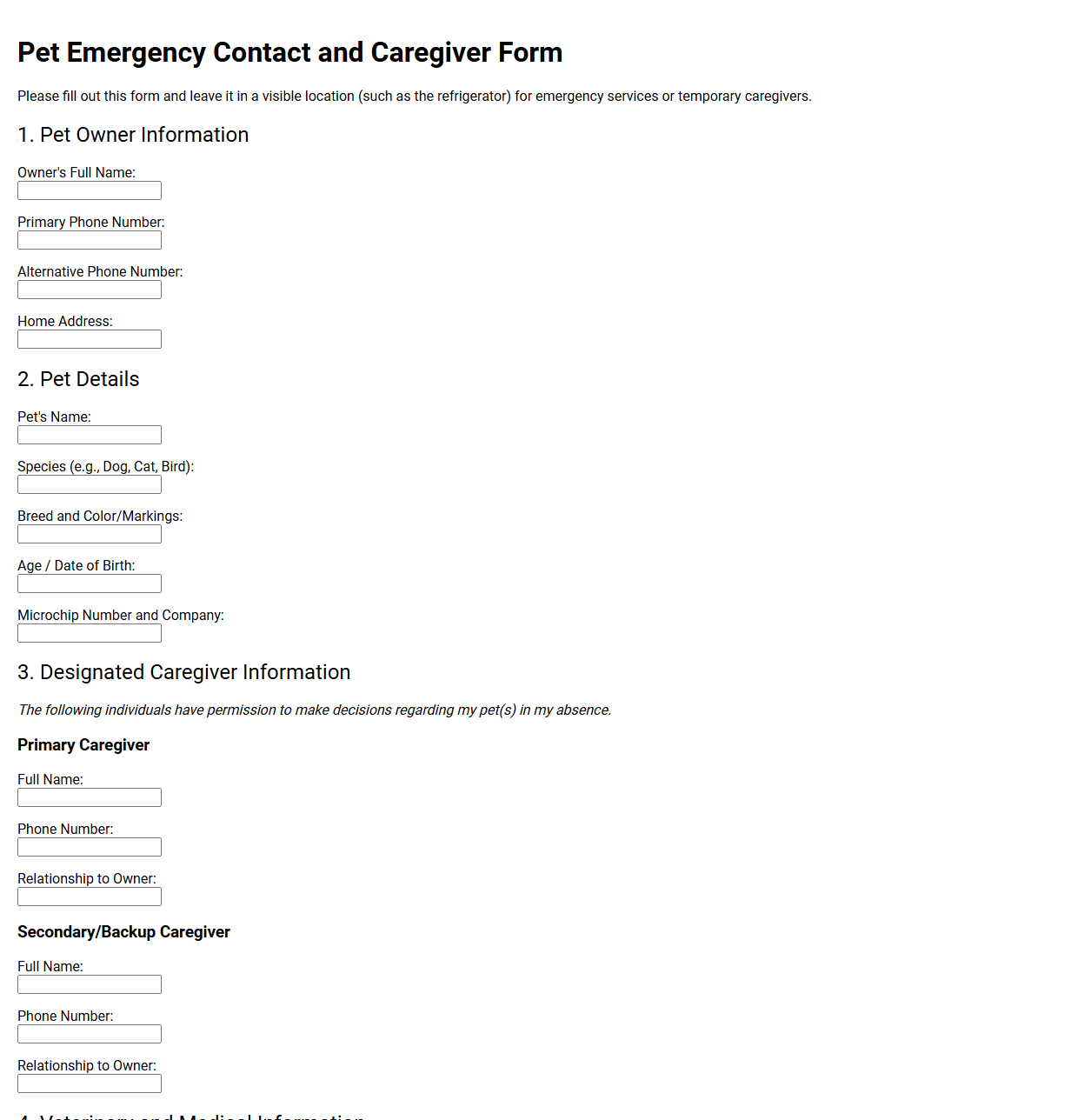 Pet Emergency Contact and Caregiver Form