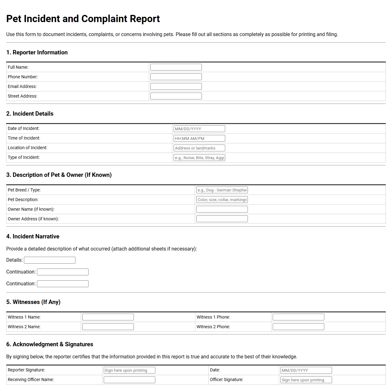 Pet Incident and Complaint Report Template