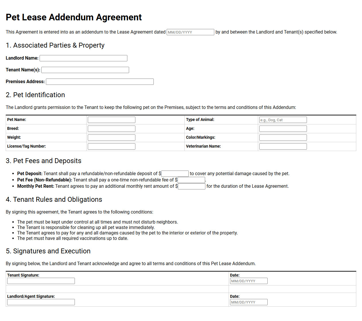 Pet Lease Addendum Agreement