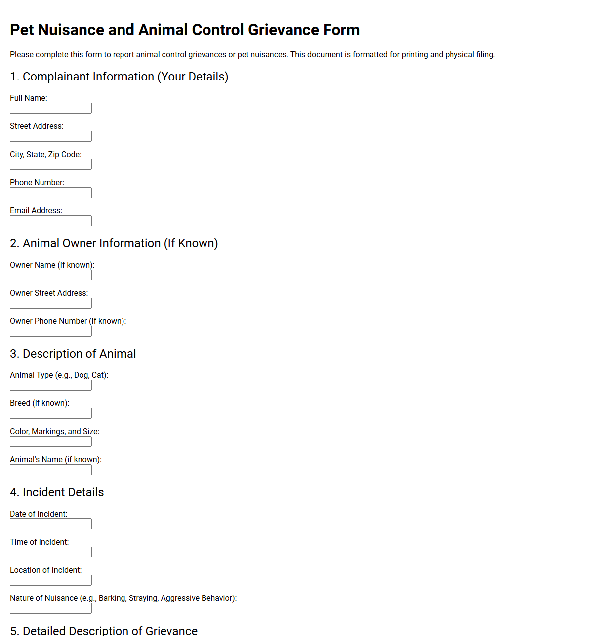 Pet Nuisance and Animal Control Grievance Form