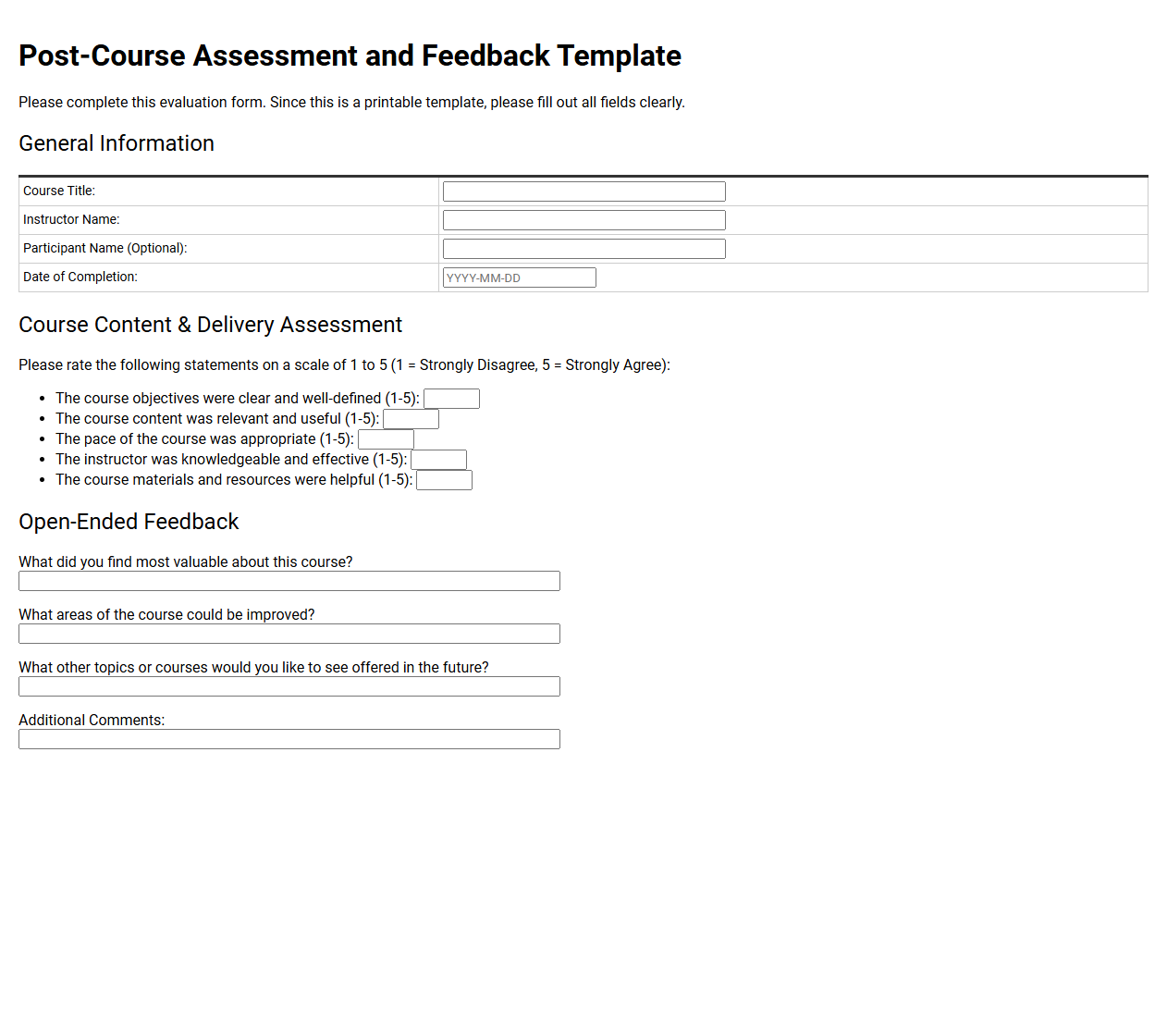 Post-Course Assessment and Feedback Template