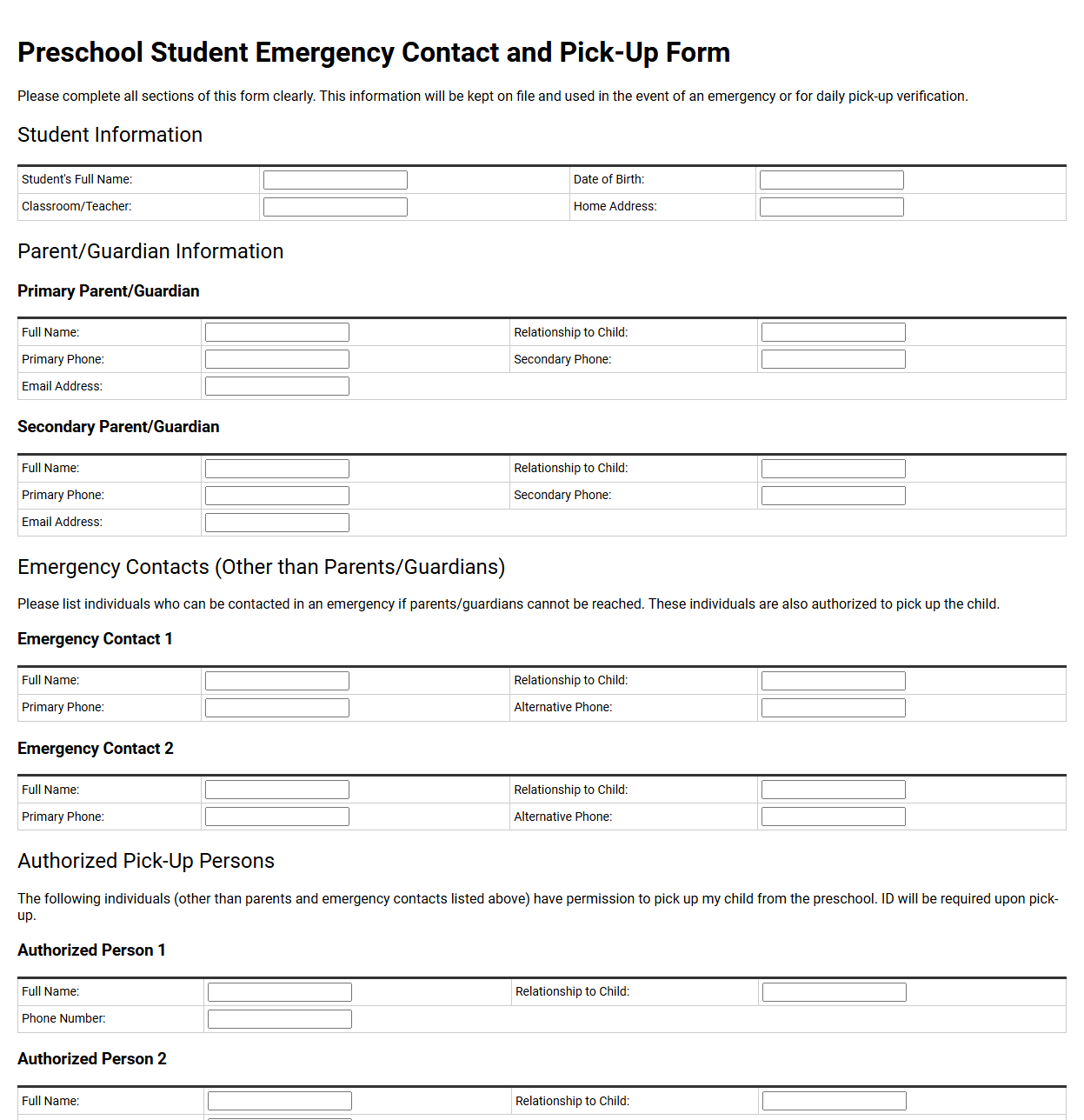 Preschool Student Emergency Contact and Pick-Up Form