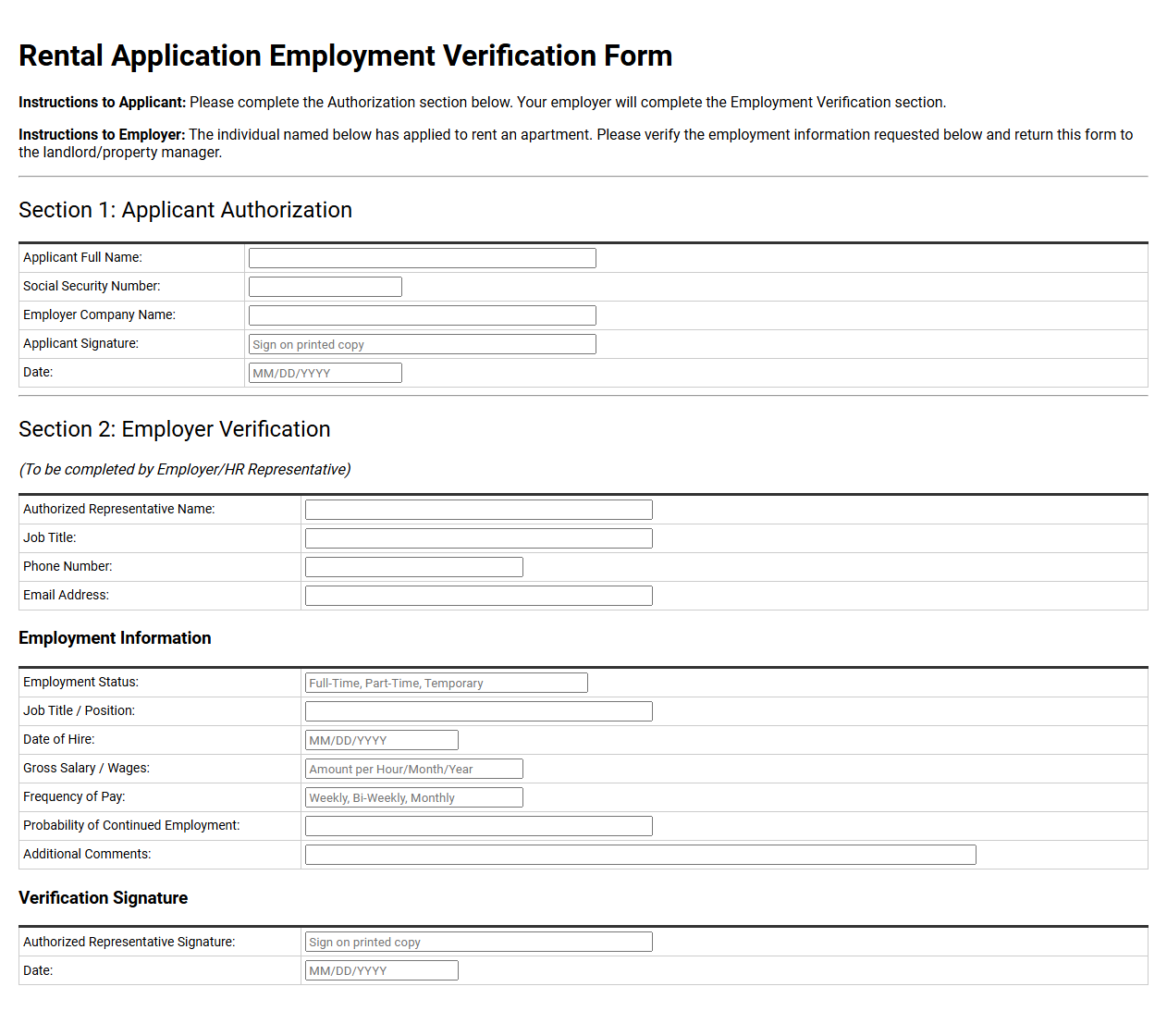 Rental Application Employment Verification Template