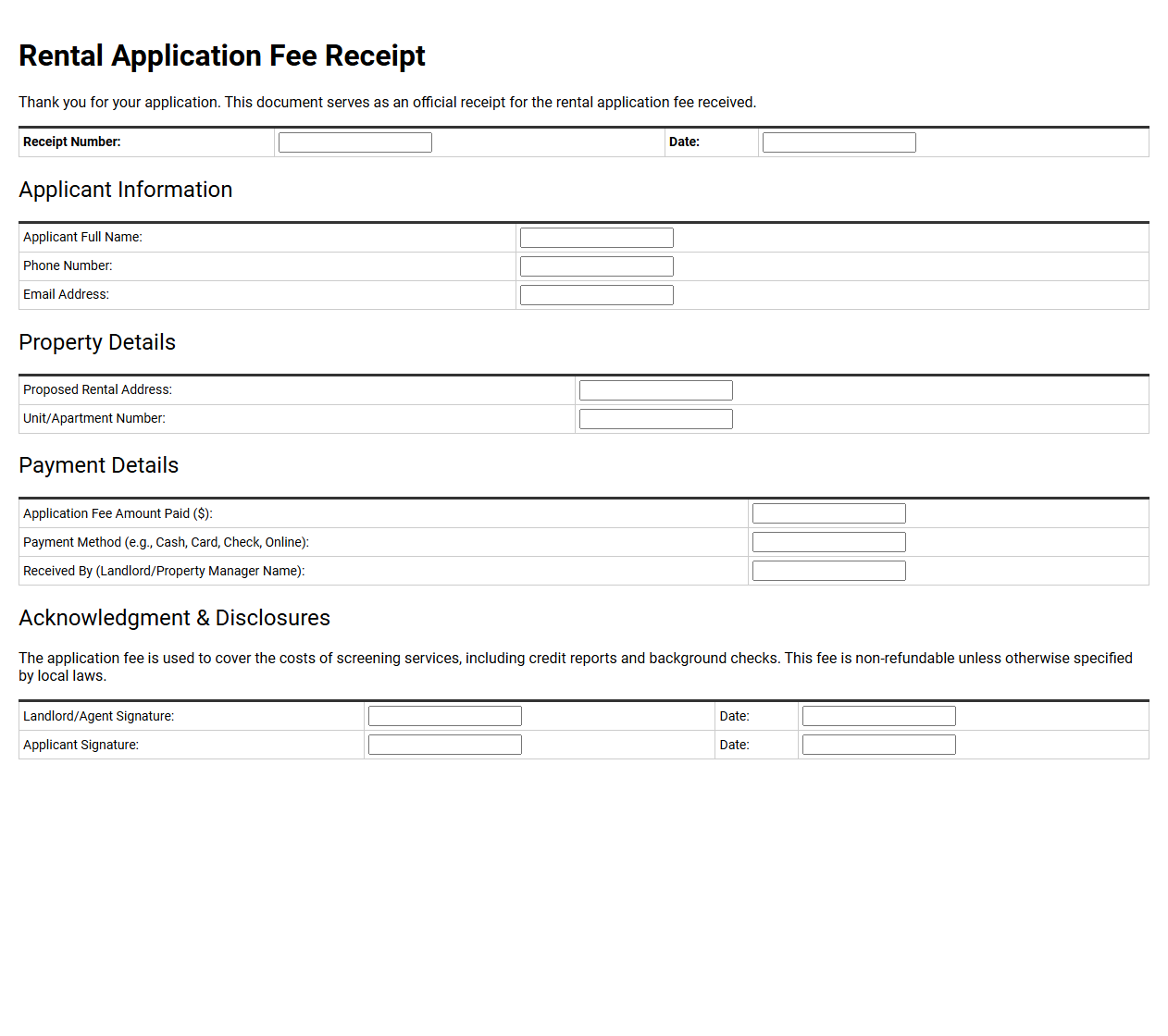 Rental Application Fee Receipt Template