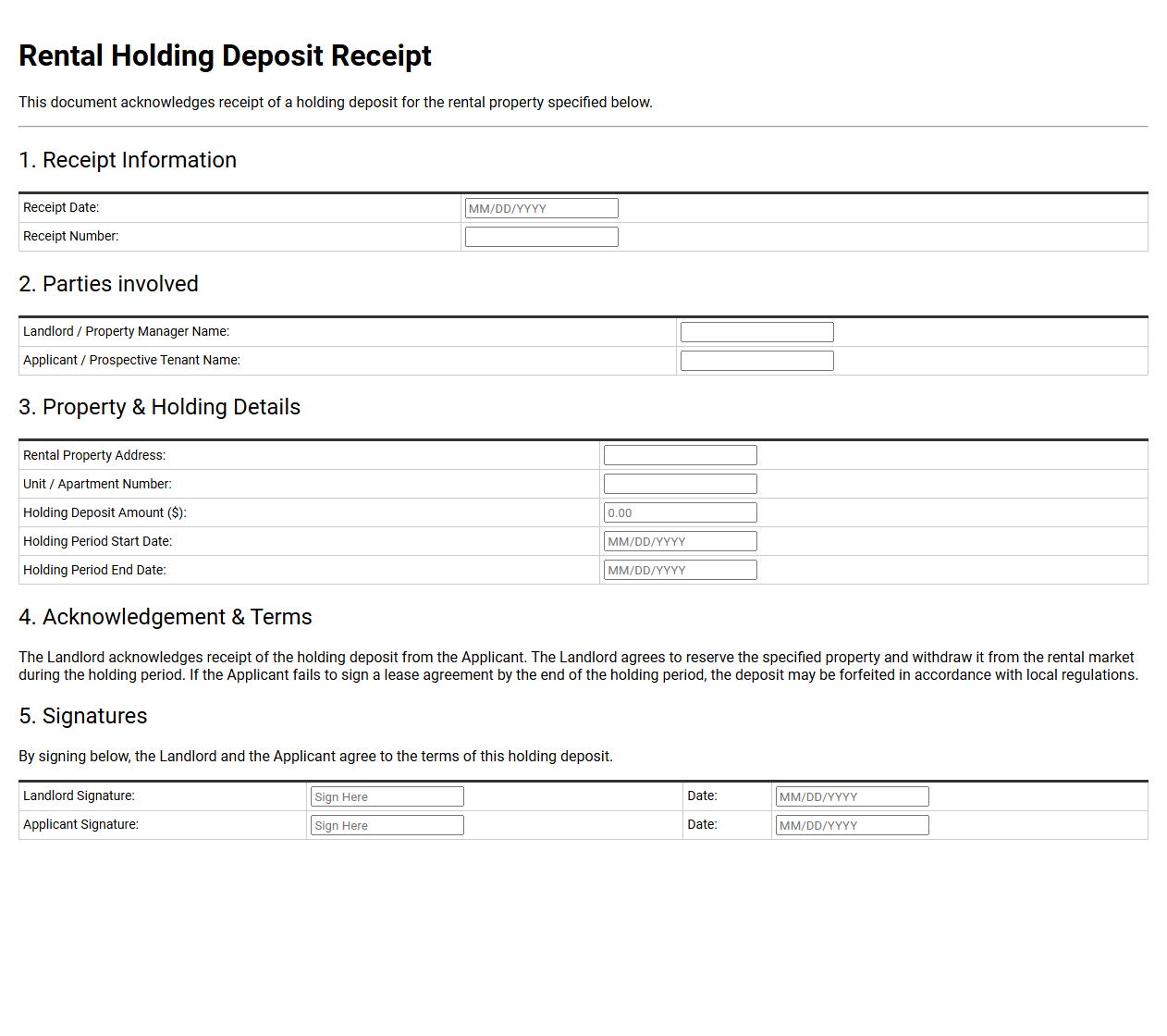 Rental Holding Deposit Receipt Form