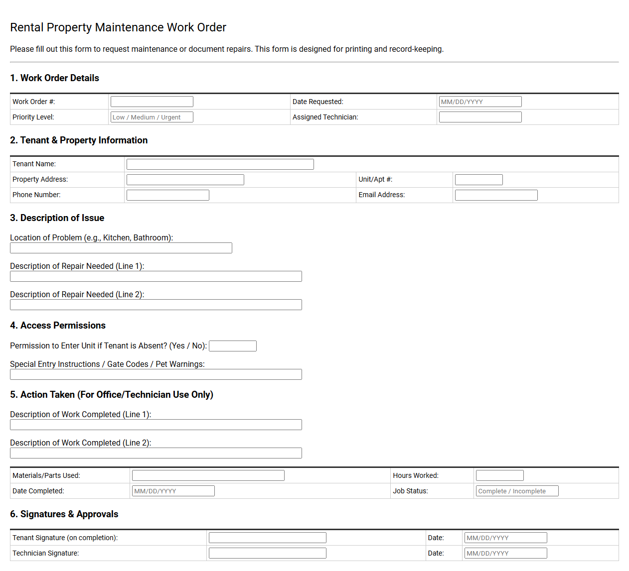Rental Property Maintenance Work Order Form