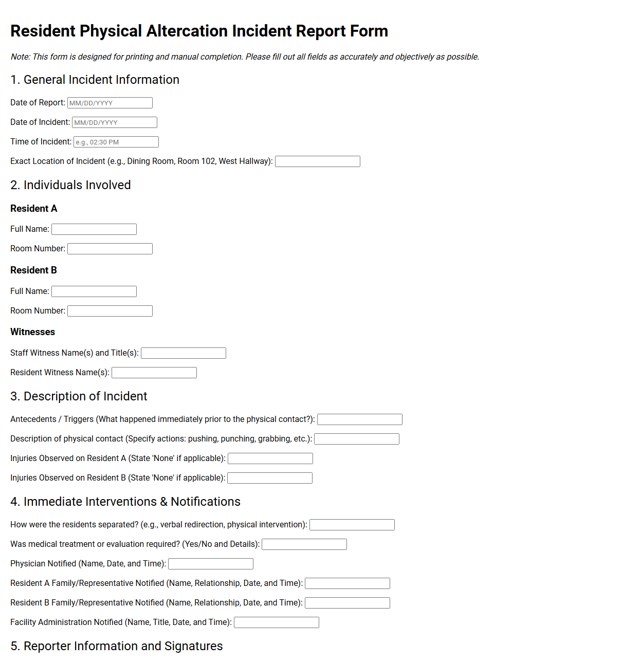 Resident Physical Altercation Incident Report Form