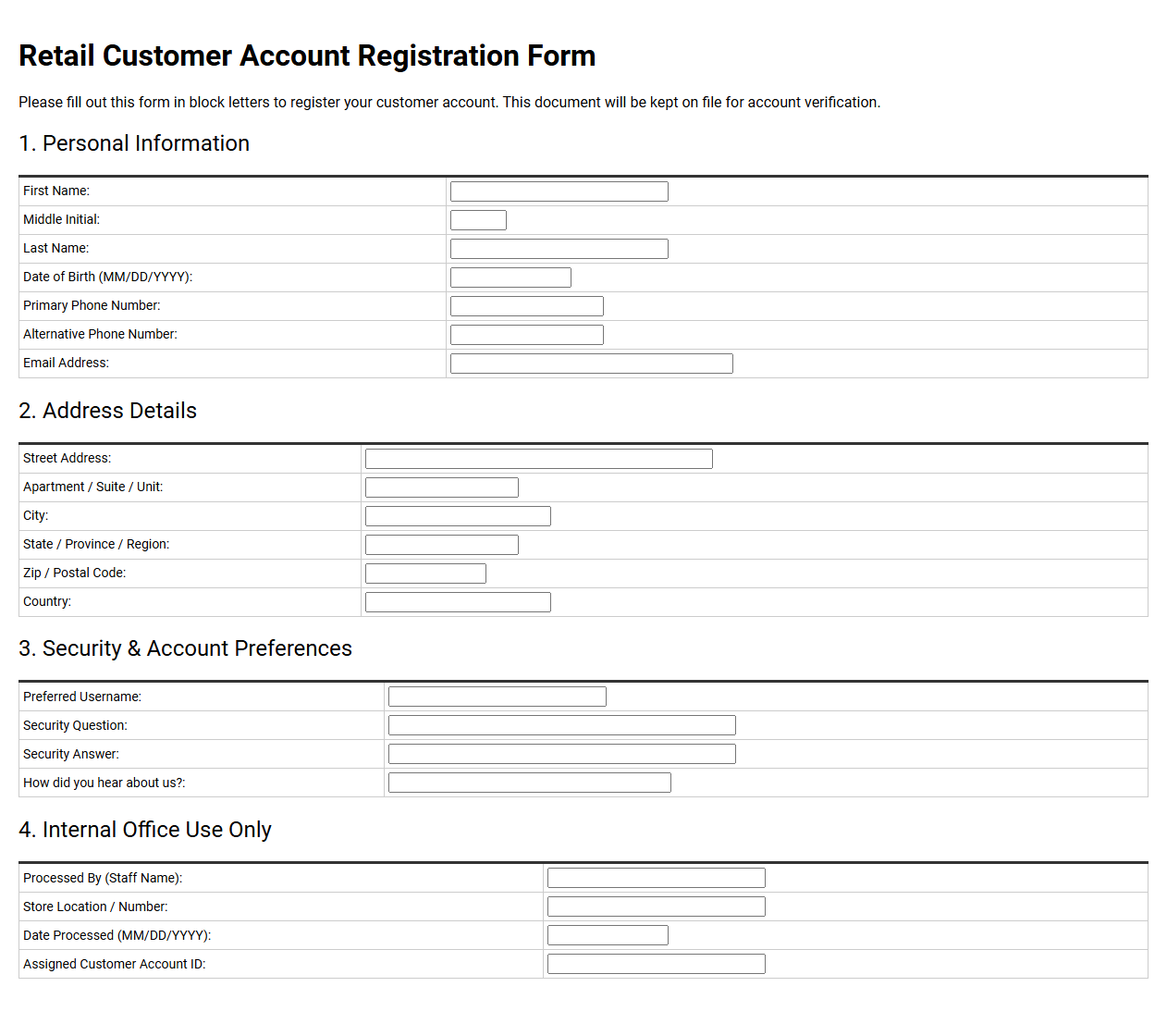 Retail Customer Account Registration Form