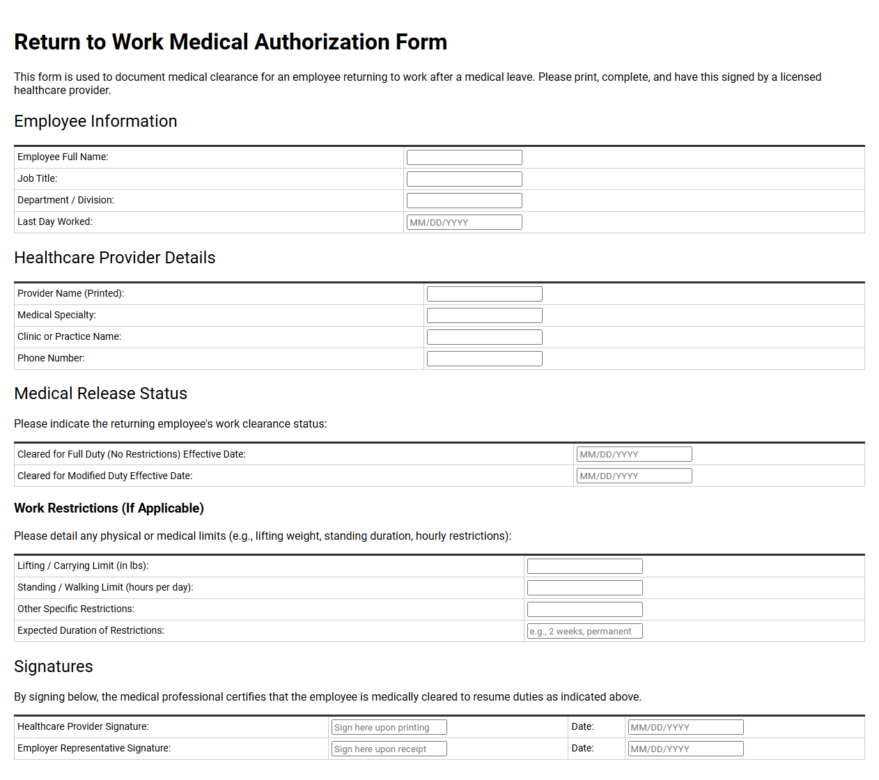 Return to Work Medical Authorization Form