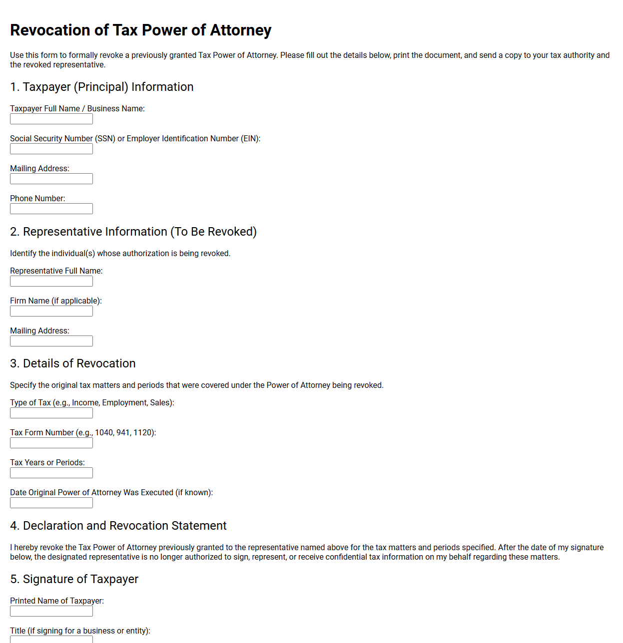 Revocation of Tax Power of Attorney Template