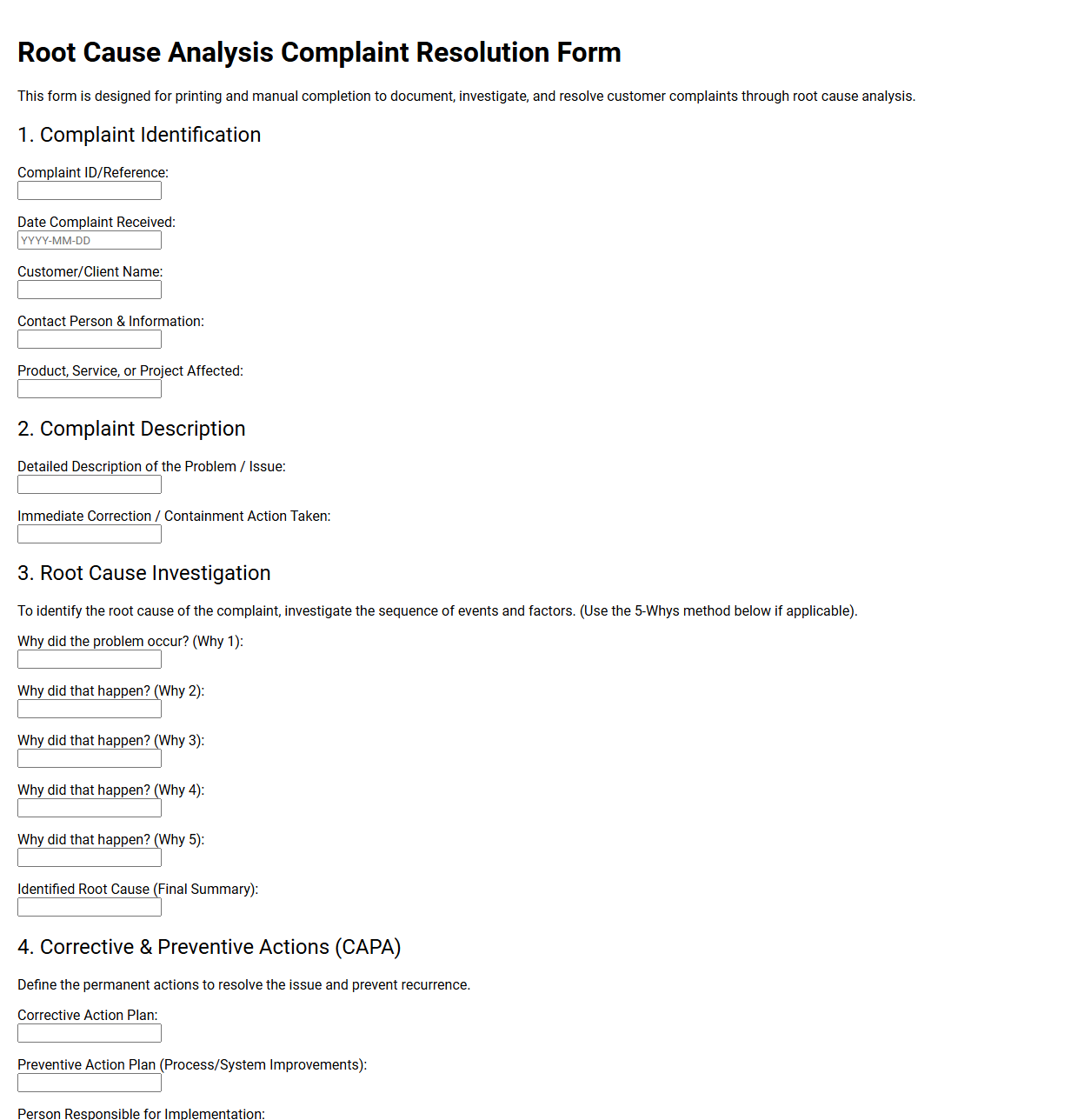 Root Cause Analysis Complaint Resolution Form