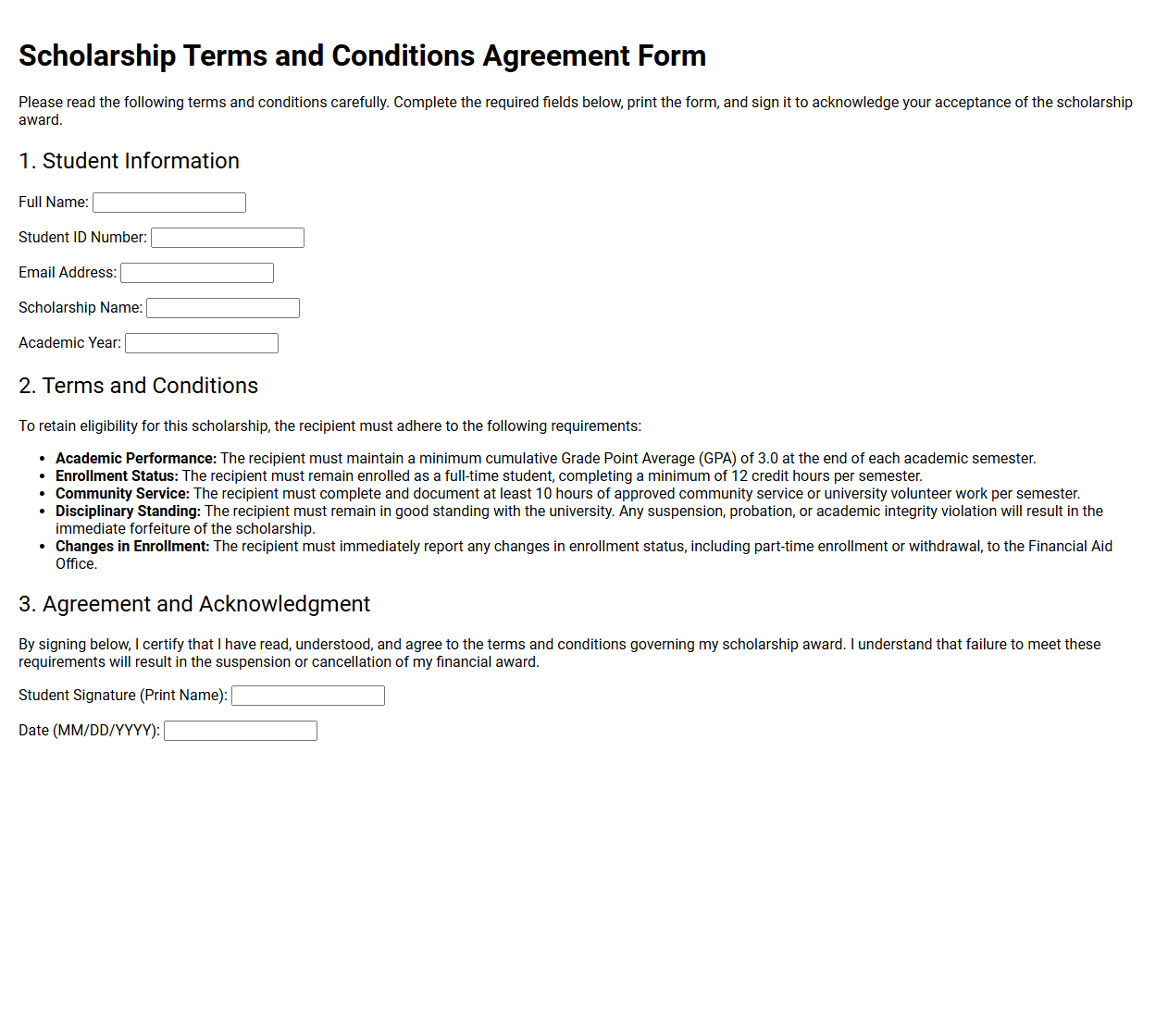 Scholarship Terms and Conditions Agreement Form