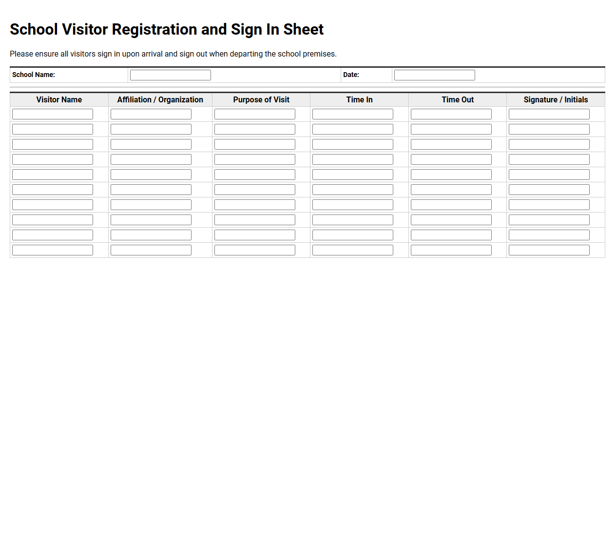 School Visitor Registration and Sign In Sheet