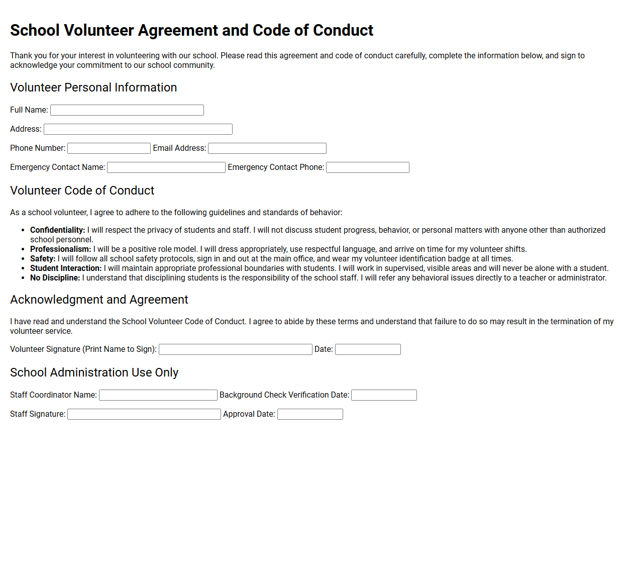 School Volunteer Agreement and Code of Conduct Form