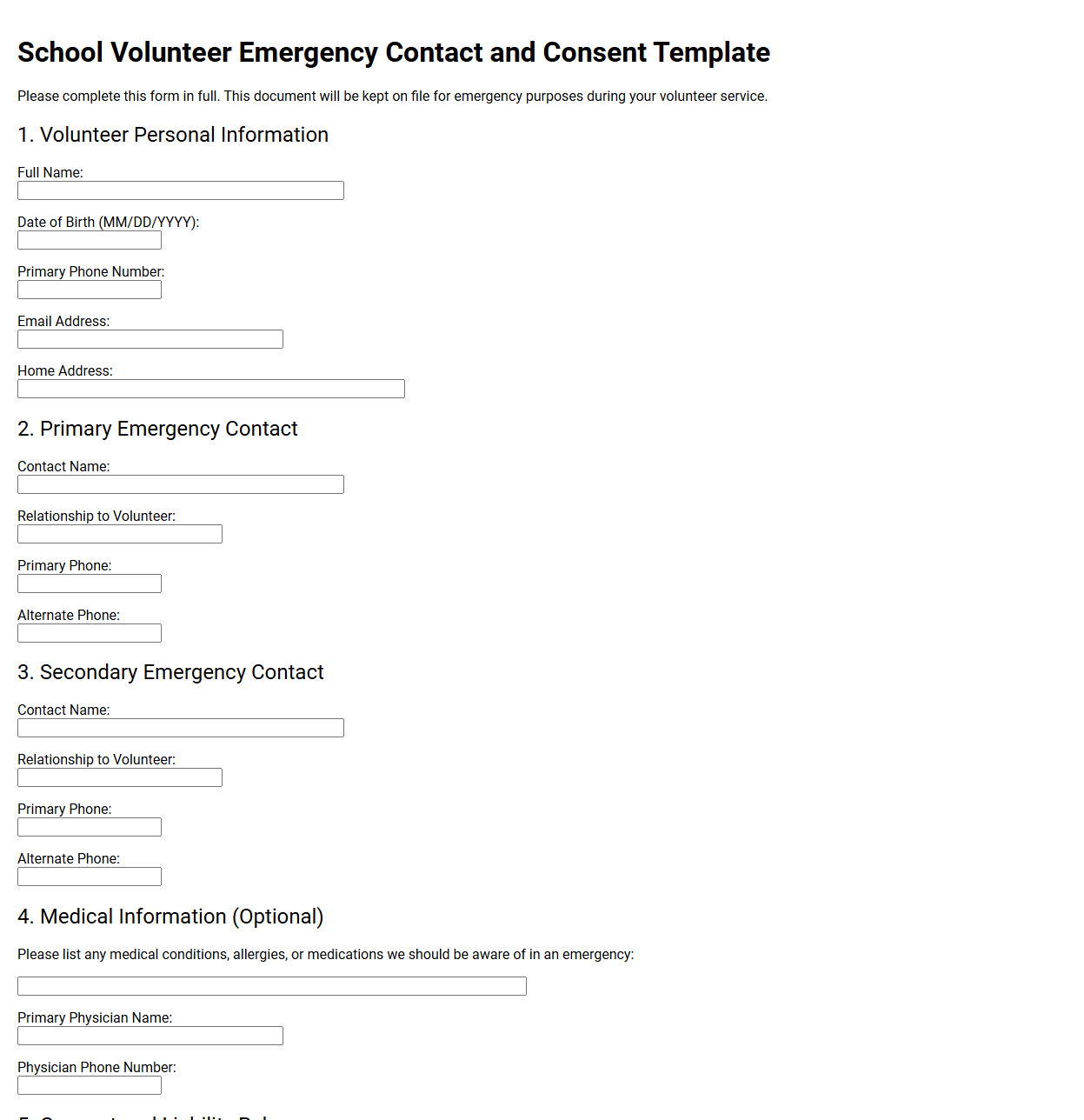 School Volunteer Emergency Contact and Consent Template