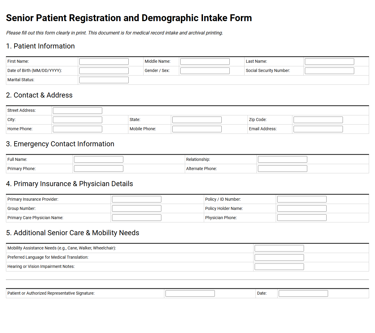 Senior Patient Registration and Demographic Intake Form