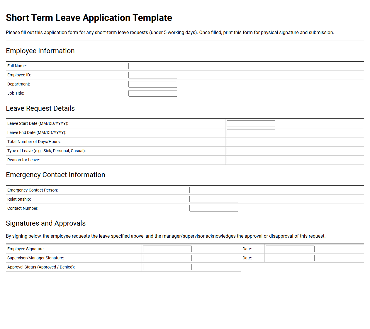 Short Term Leave Application Template