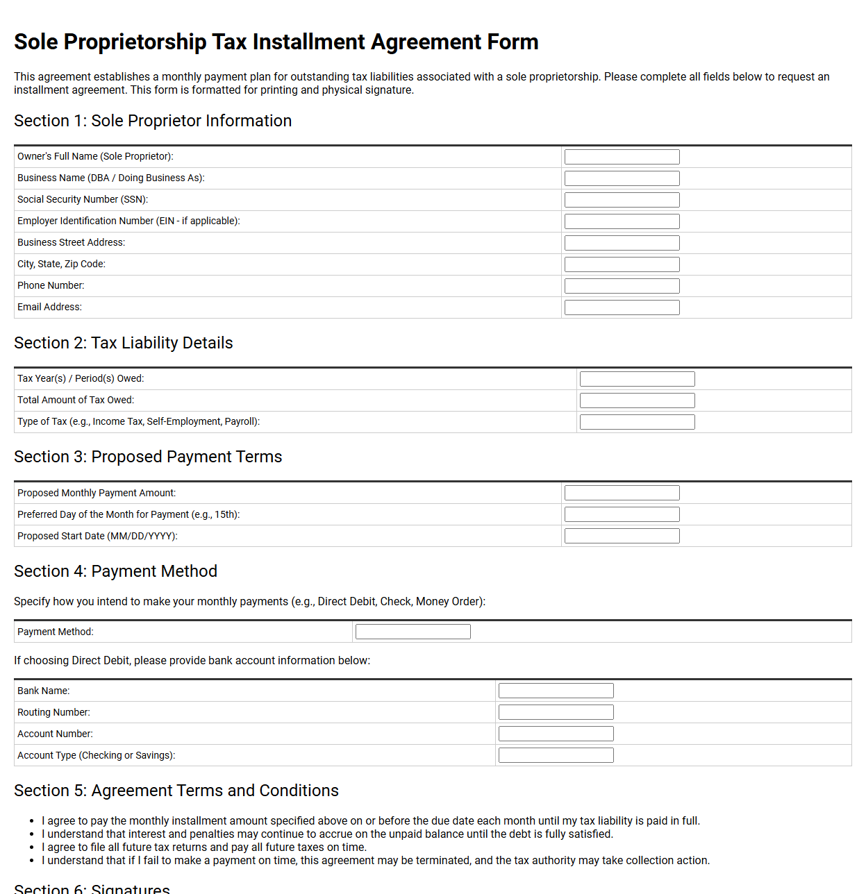 Sole Proprietorship Tax Installment Agreement Form
