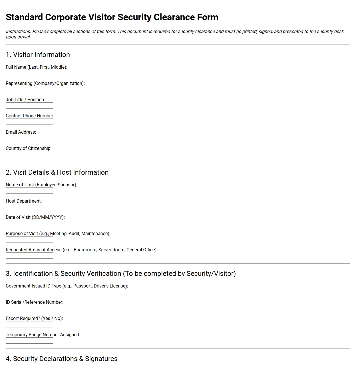 Standard Corporate Visitor Security Clearance Form