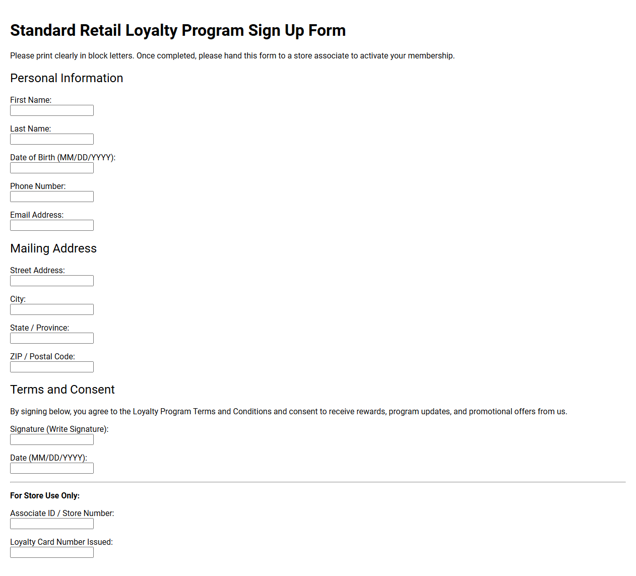 Standard Retail Loyalty Program Sign Up Form