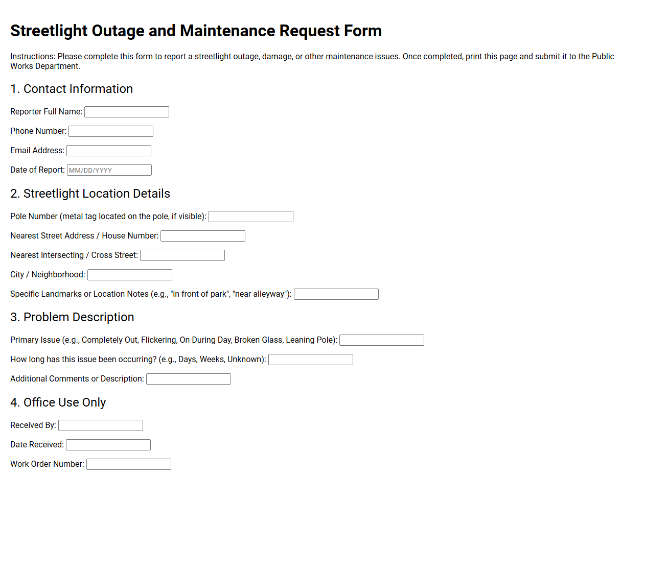 Streetlight Outage and Maintenance Request Form