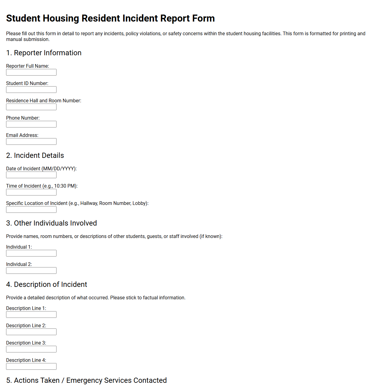 Student Housing Resident Incident Report Form
