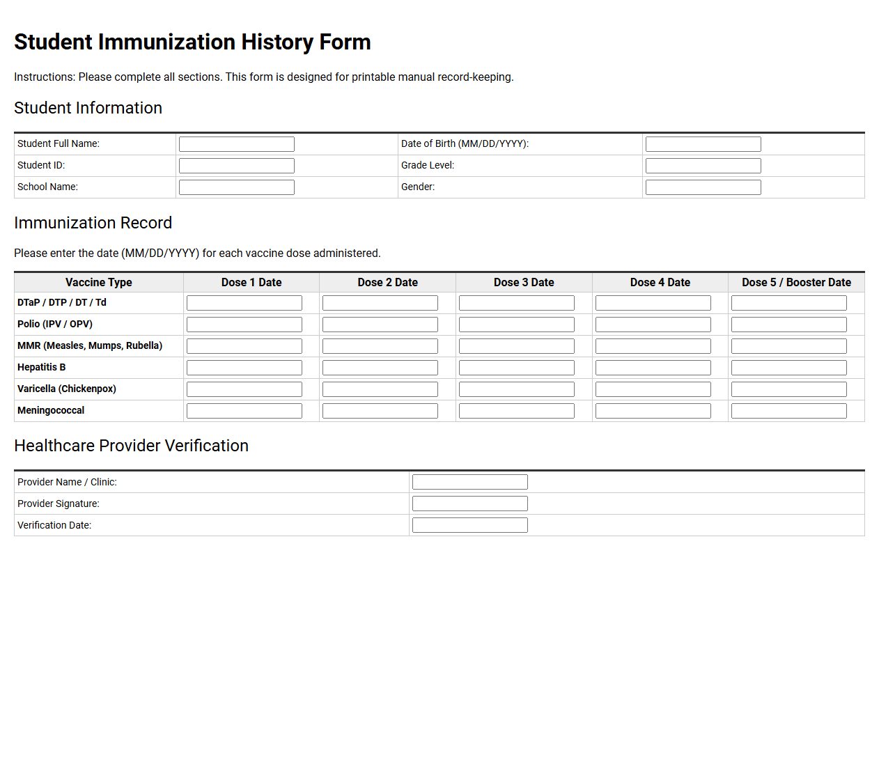 Student Immunization History Form