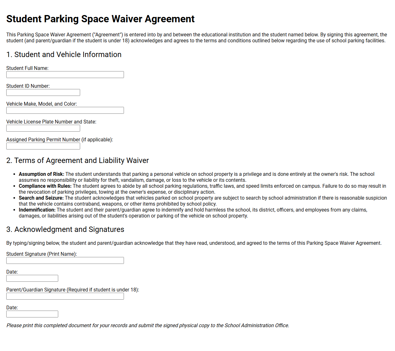 Student Parking Space Waiver Agreement
