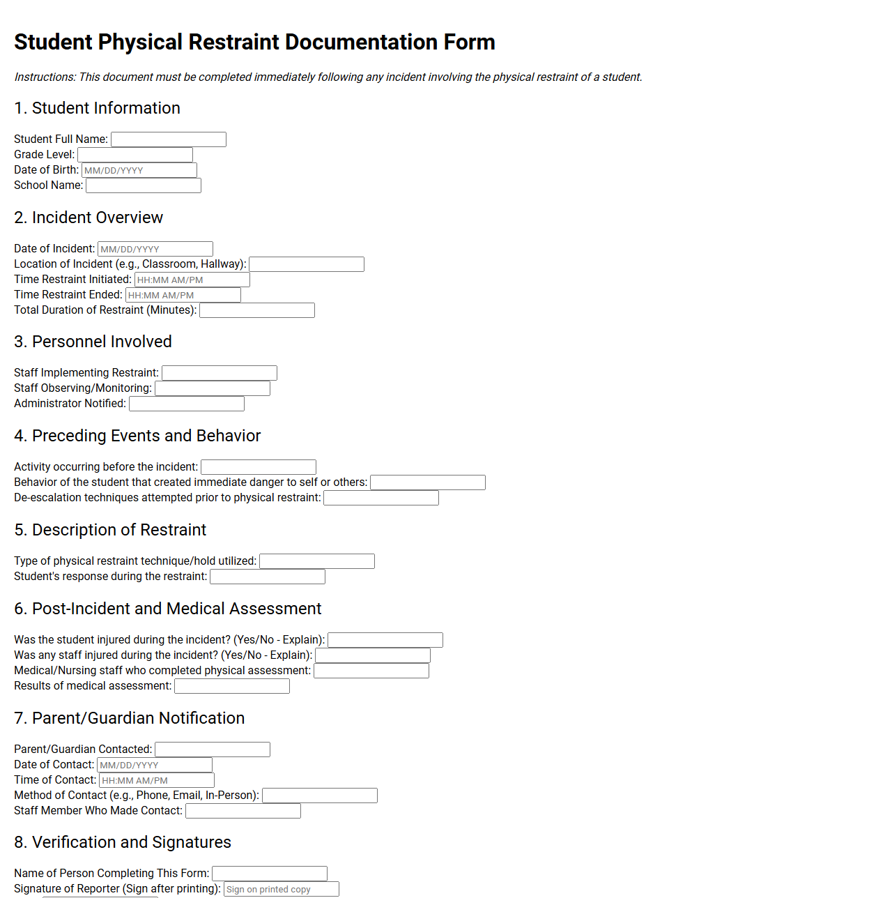 Student Physical Restraint Documentation Form