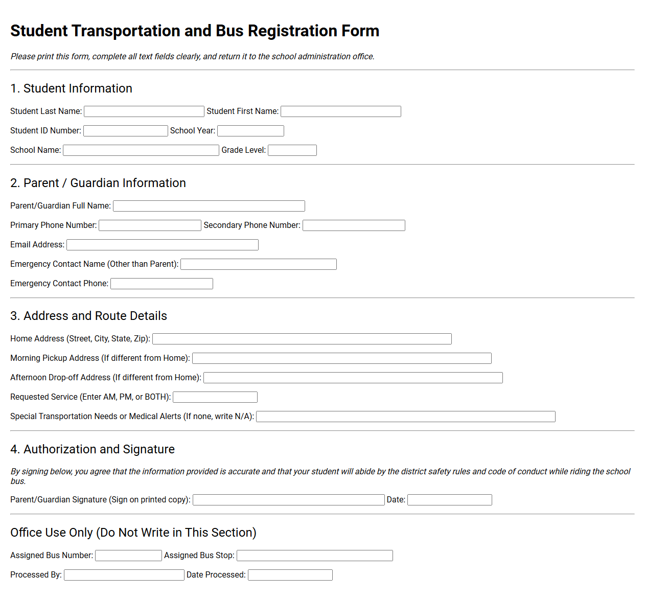Student Transportation and Bus Registration Form