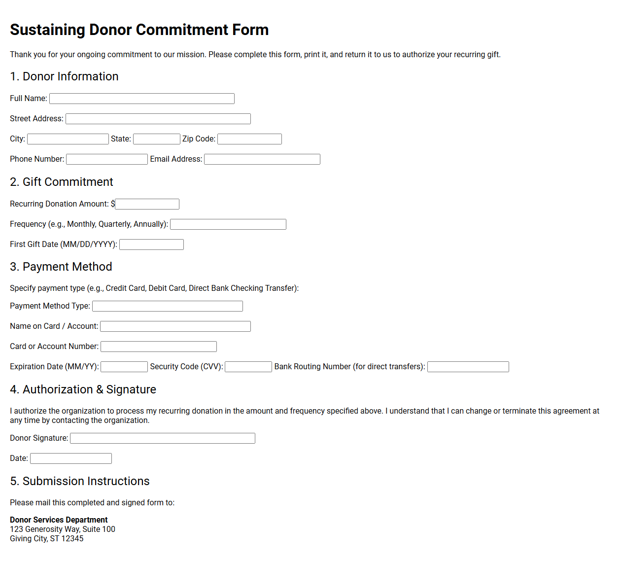 Sustaining Donor Commitment Form
