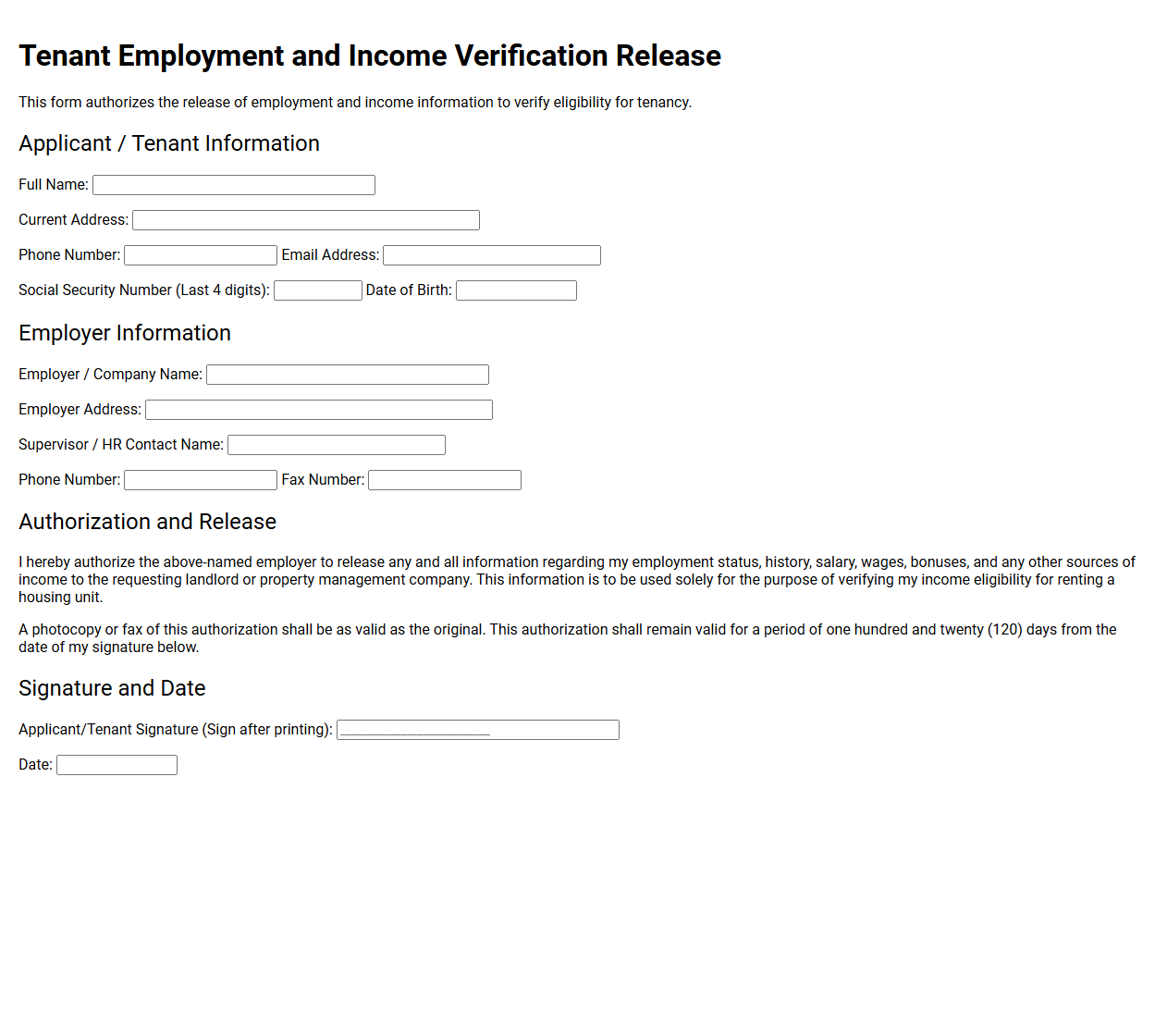 Tenant Employment and Income Verification Release
