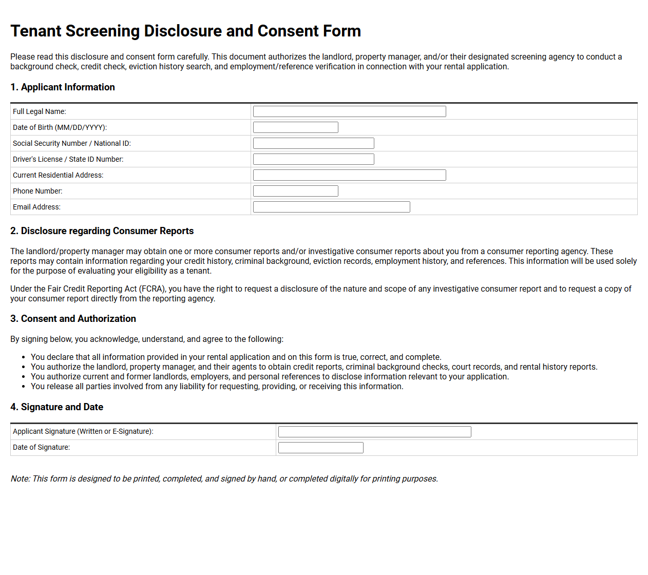 Tenant Screening Disclosure and Consent Form
