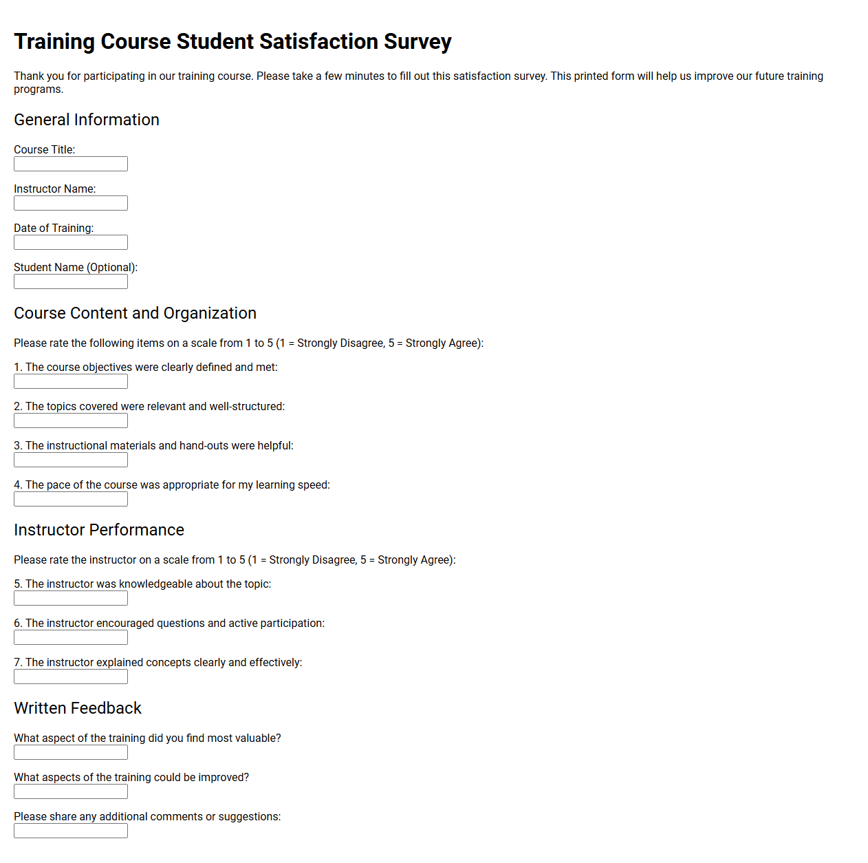 Training Course Student Satisfaction Survey