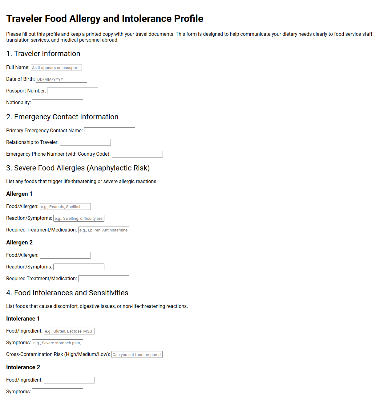 Traveler Food Allergy and Intolerance Profile