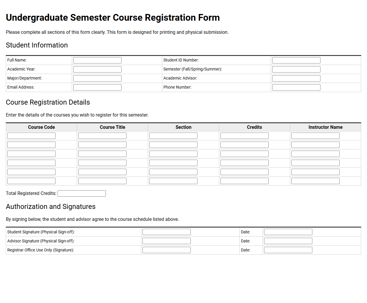 Undergraduate Semester Course Registration Form
