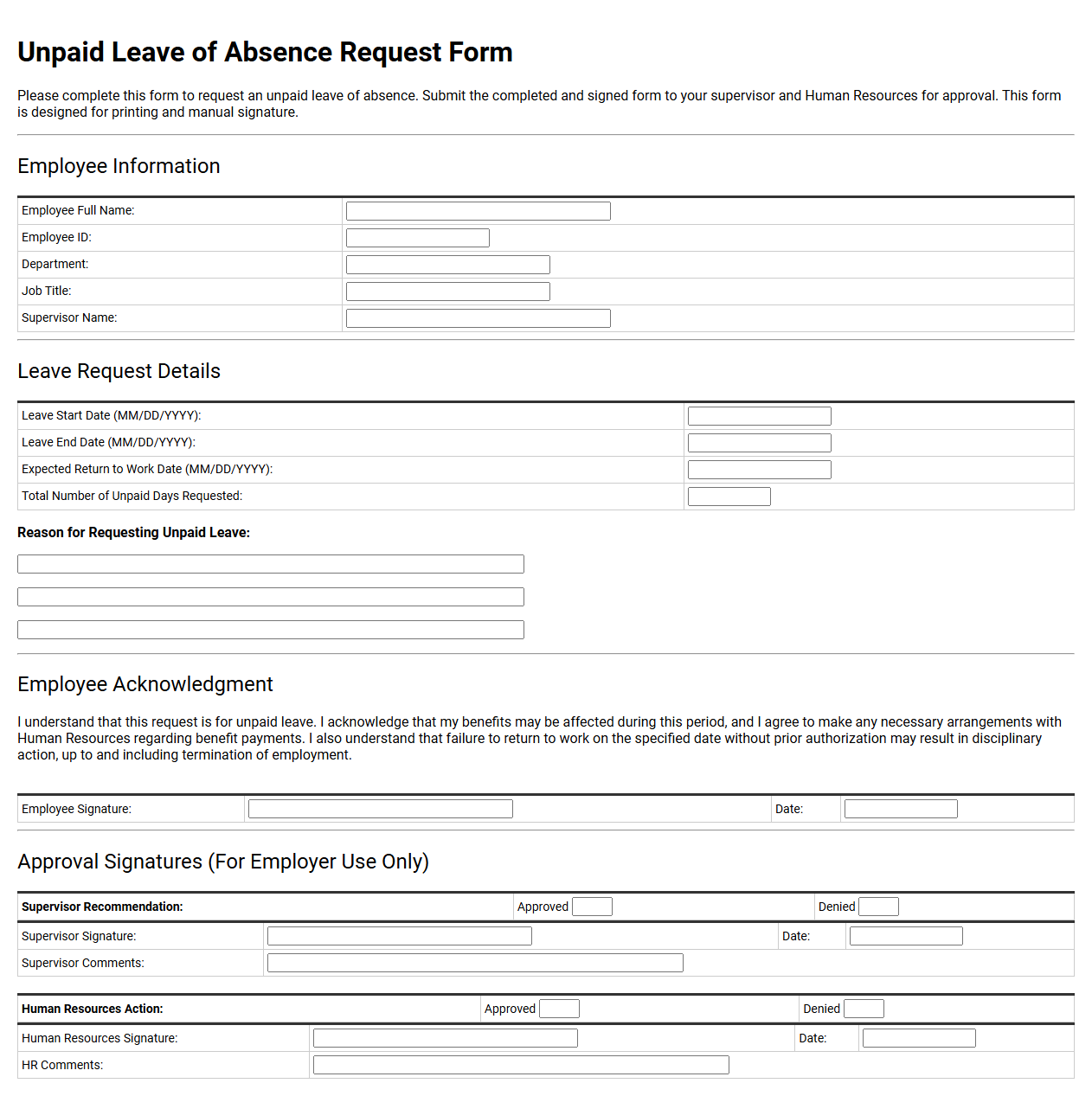 Unpaid Leave of Absence Request Form Template