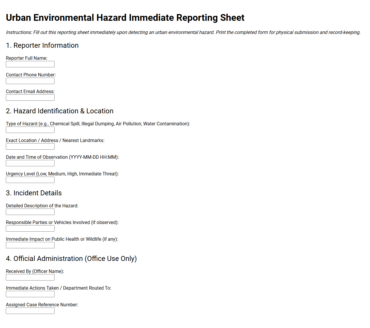 Urban environmental hazard immediate reporting sheet