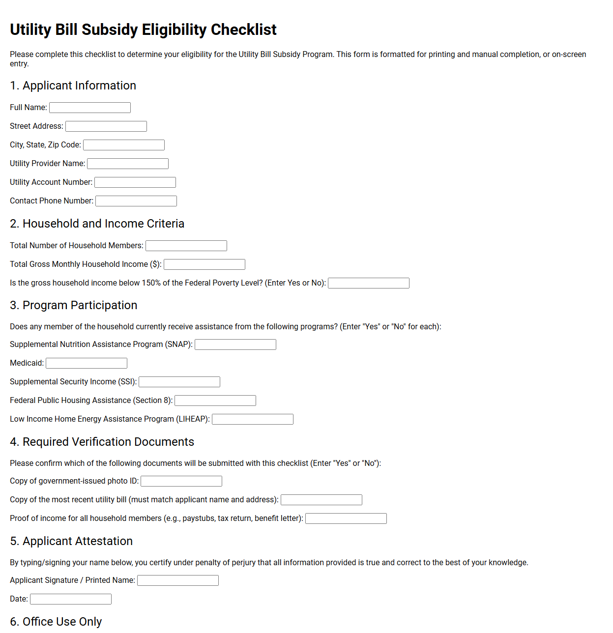 Utility Bill Subsidy Eligibility Checklist