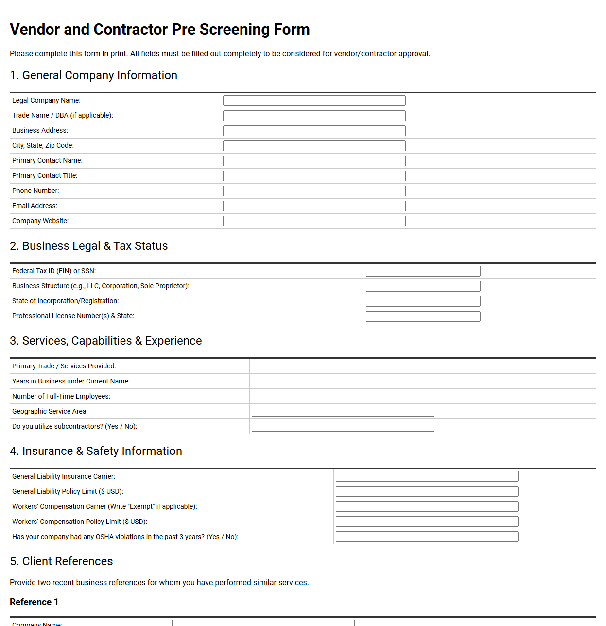 Vendor and Contractor Pre Screening Form