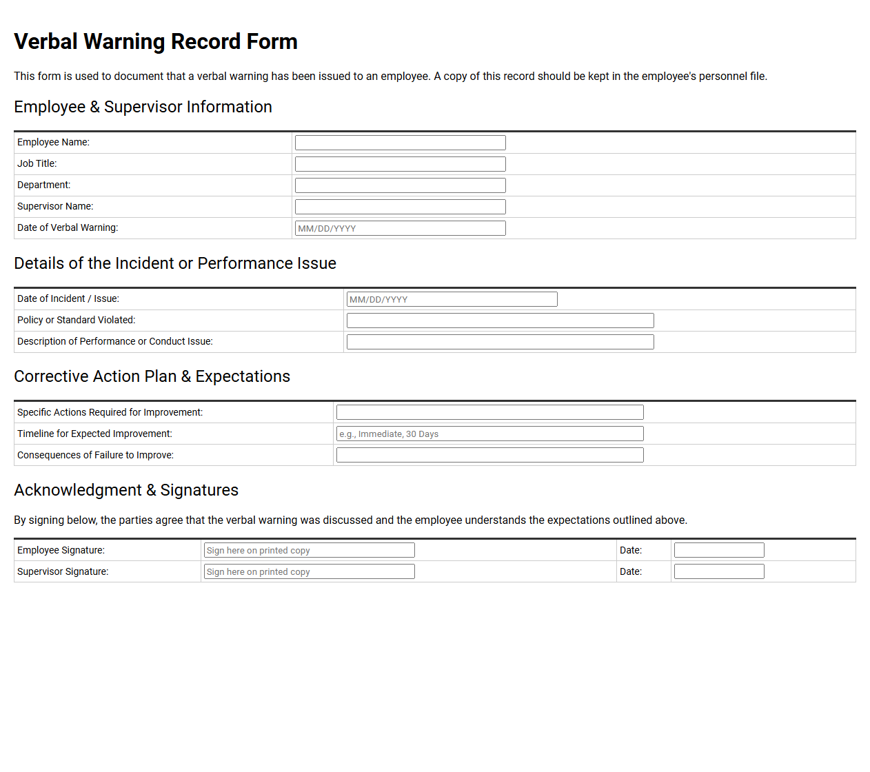 Verbal Warning Record Form Template