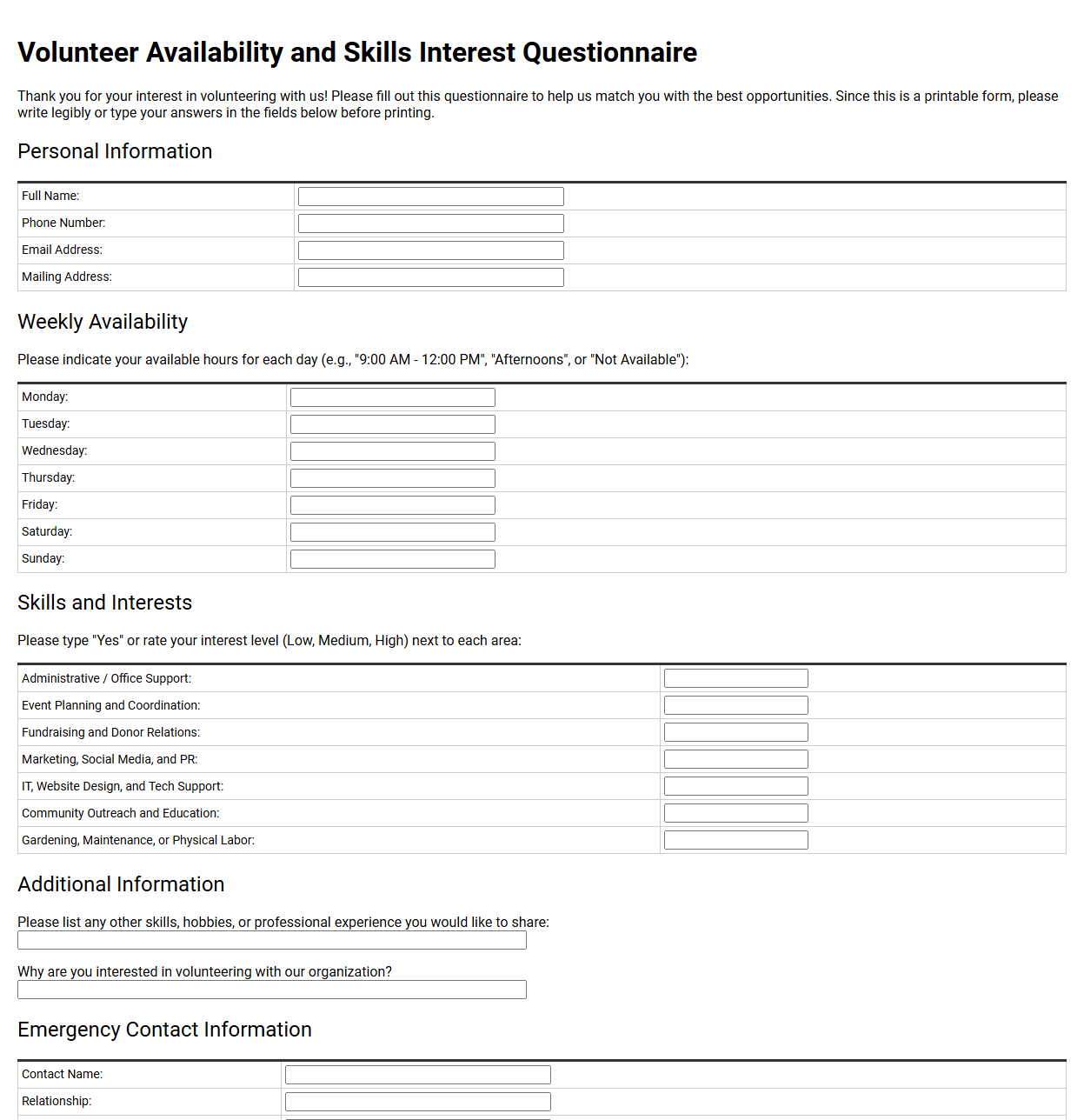 Volunteer Availability and Skills Interest Questionnaire