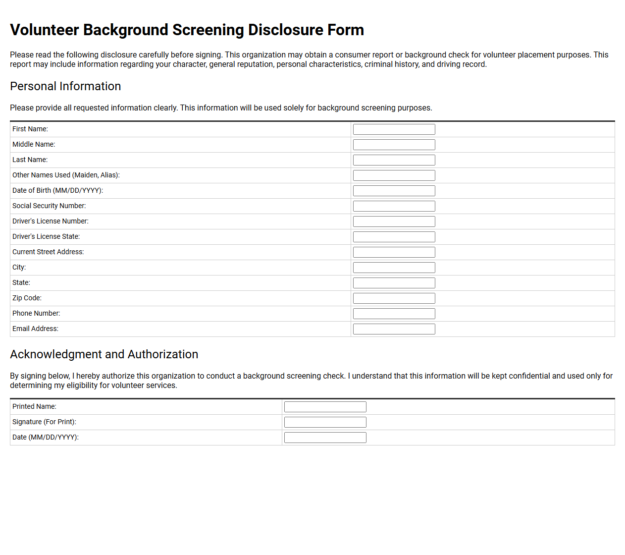 Volunteer Background Screening Disclosure Form