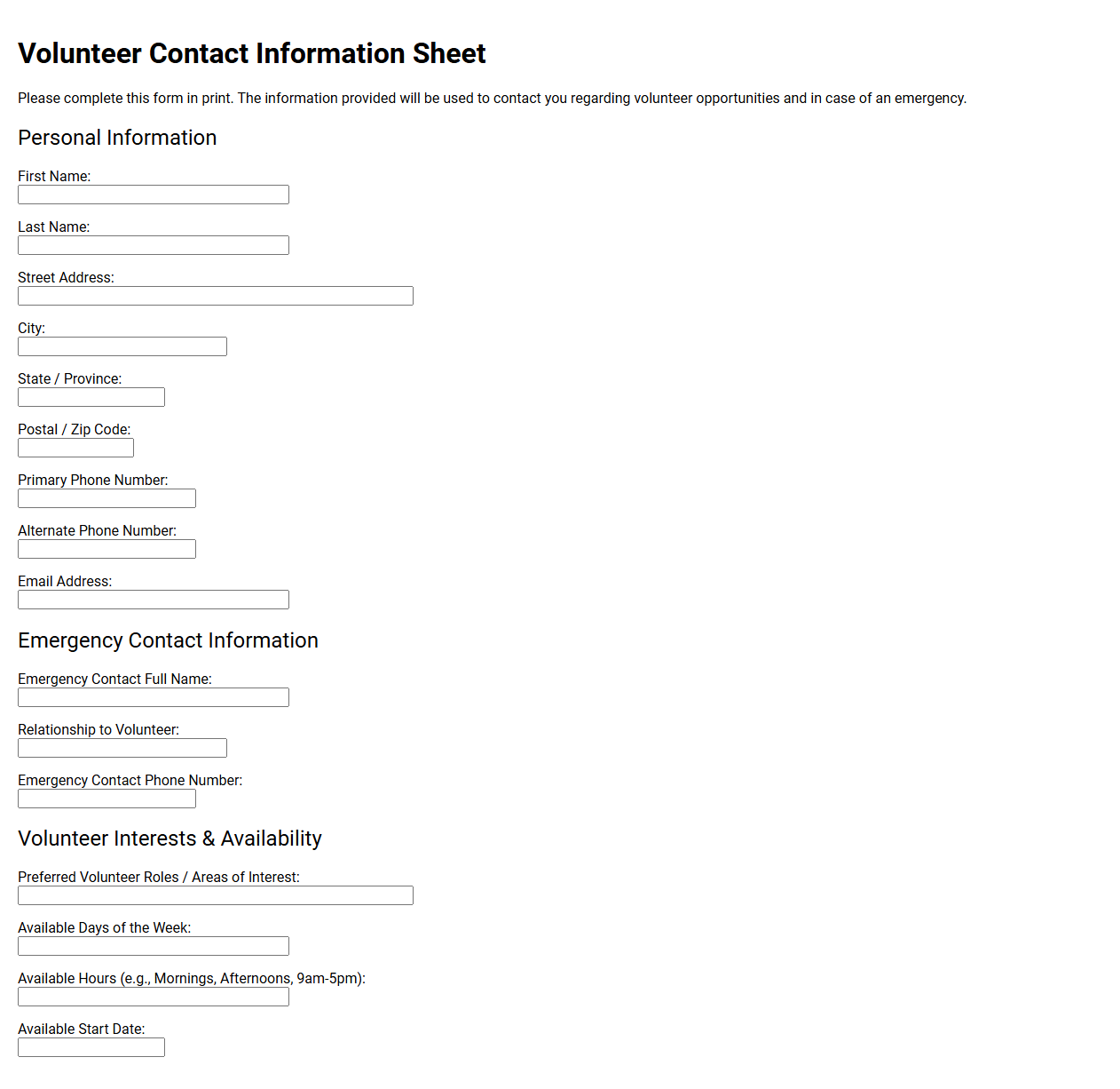 Volunteer Contact Information Sheet