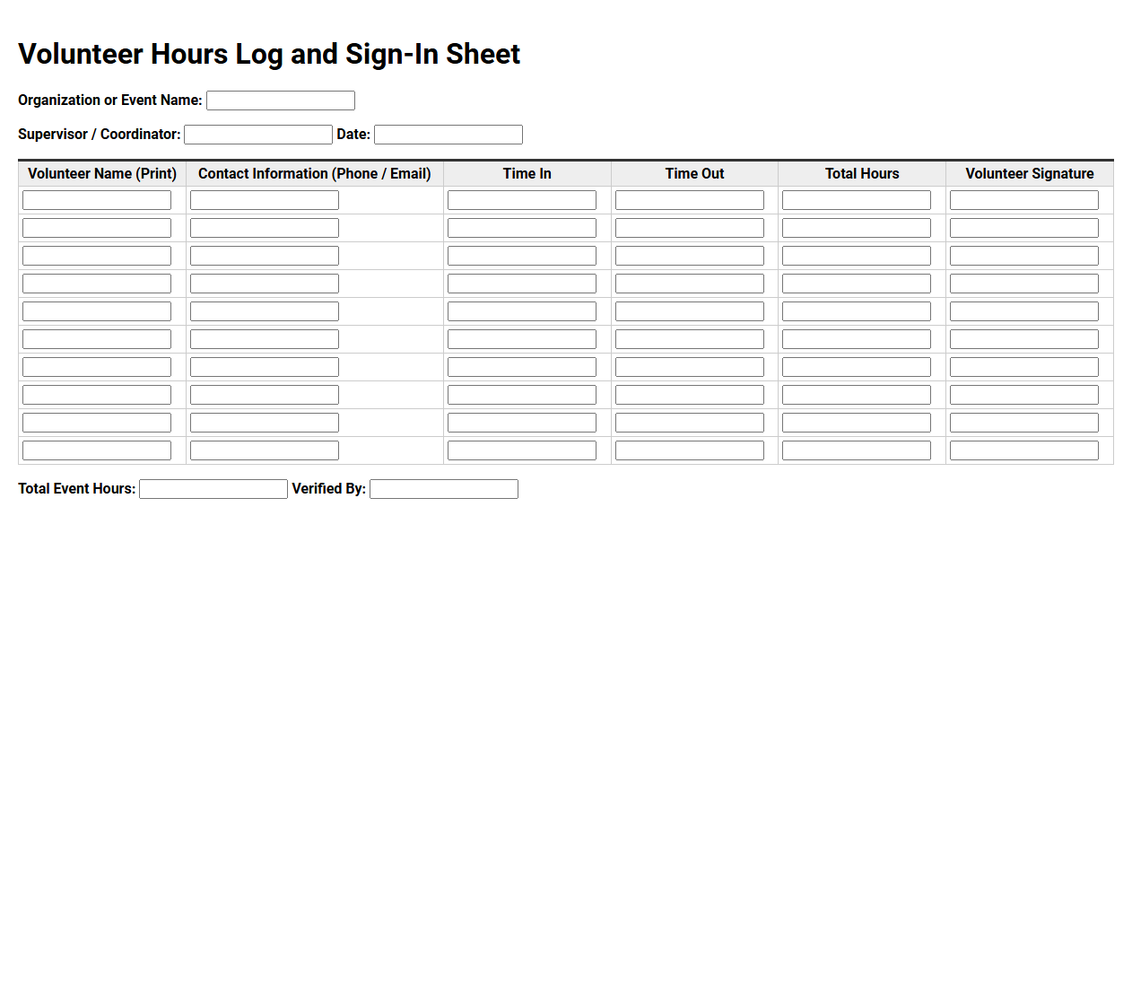 Volunteer Hours Log and Sign-In Sheet