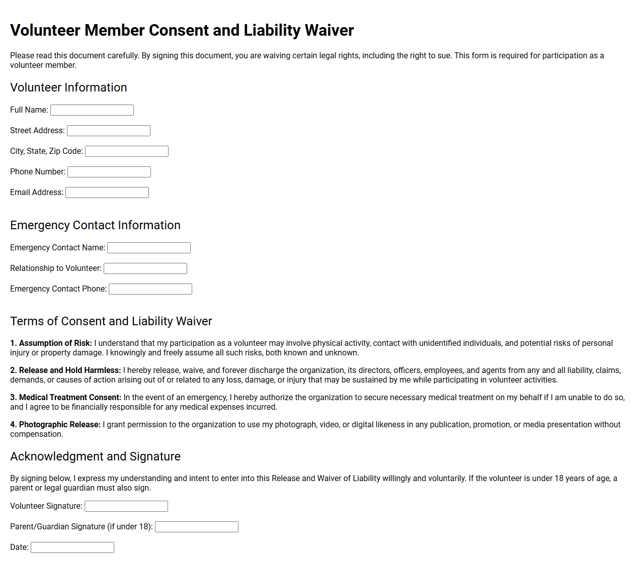 Volunteer Member Consent and Liability Waiver