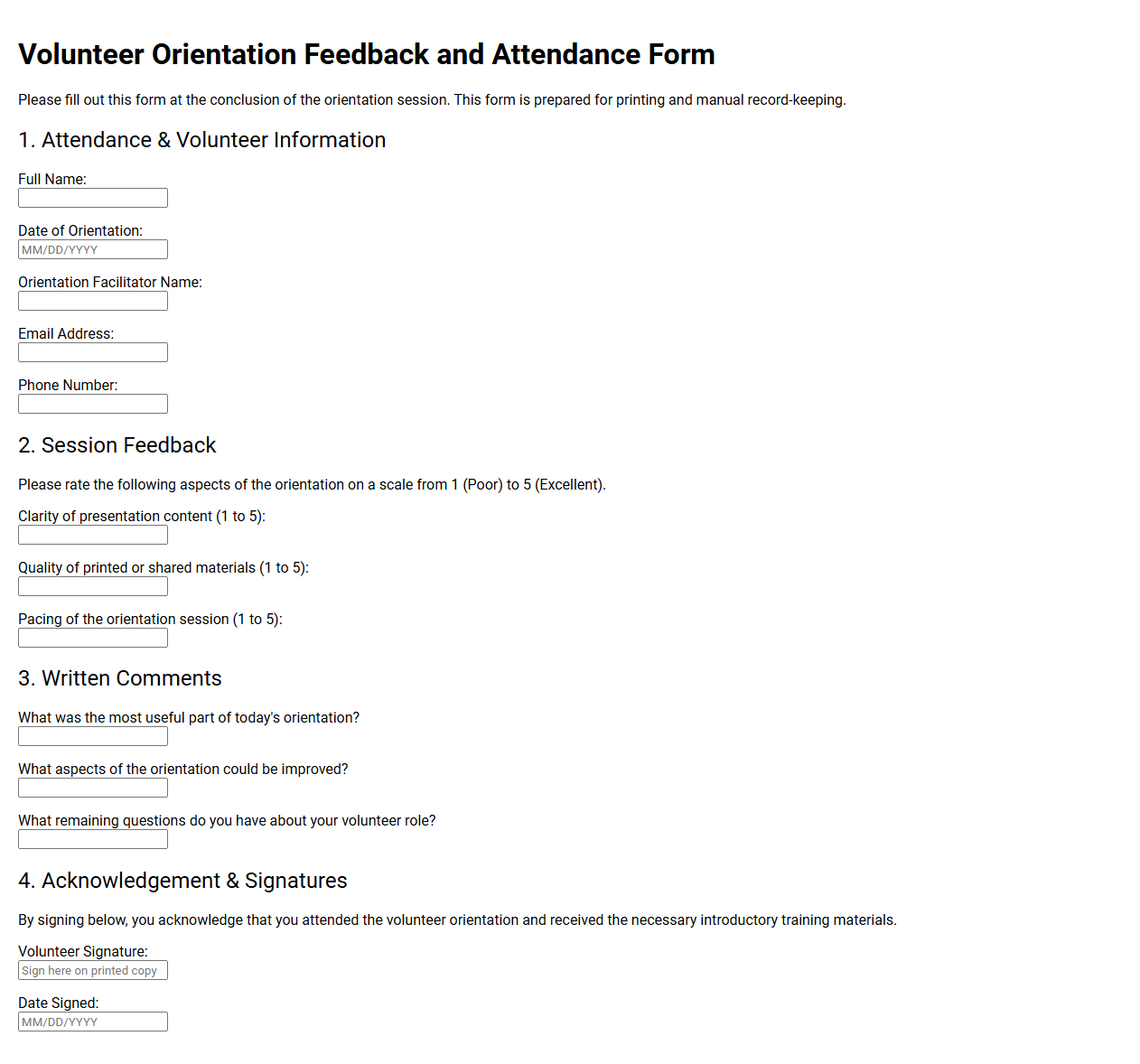 Volunteer Orientation Feedback and Attendance Form