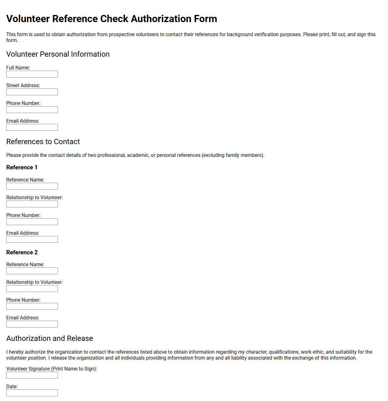 Volunteer Reference Check Authorization Form